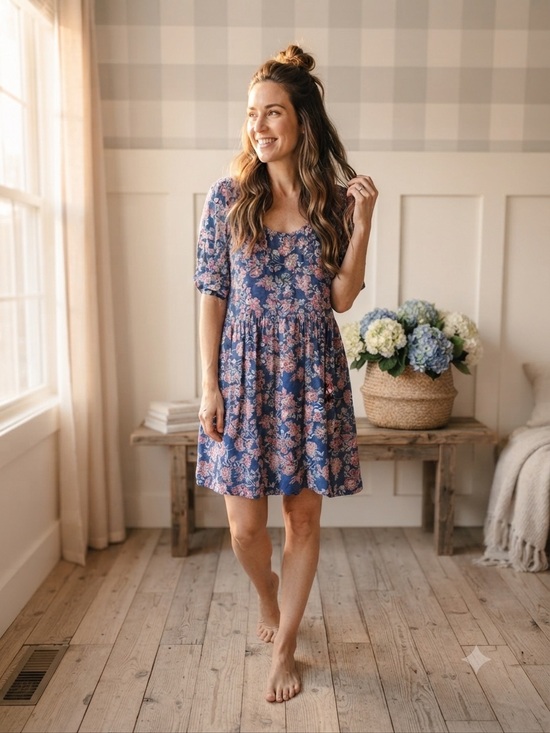 LOFT Dresses & Skirts - LOFT Blue Floral Scoop-Neck Mini Dress 12